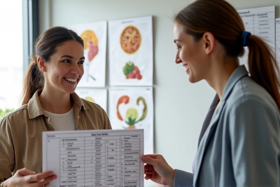 A nutritionist explaining a personalized meal plan to a client in a modern, well-lit office.